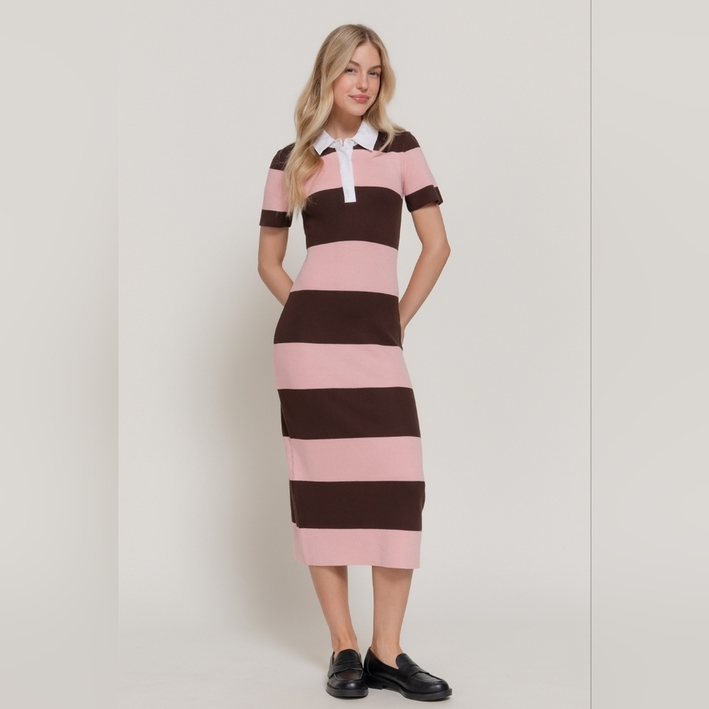 ​Active USA Striped Knit Polo Midi Dress - Pink & Brown Preppy Collared Bodycon